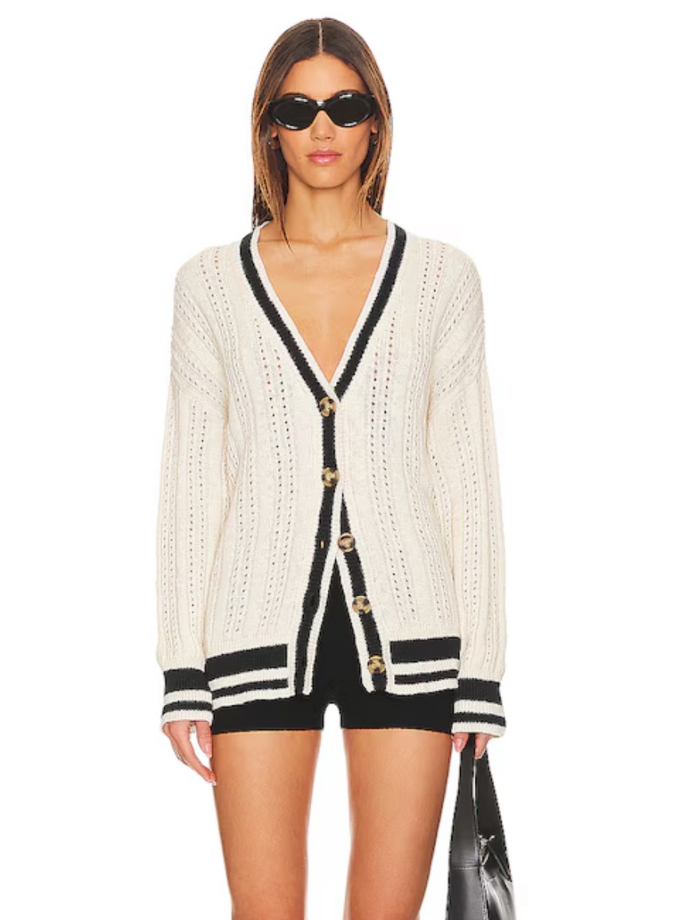 Sanctuary Cream V-Neck Button Cardigan with Black Trim